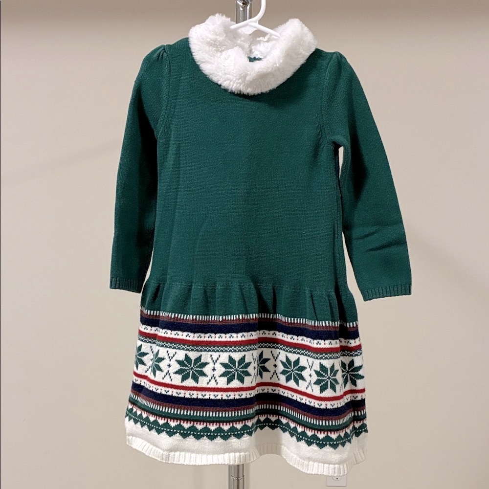 Gymboree Girls’ Emerald Green Sweater Dress with Festive Pattern